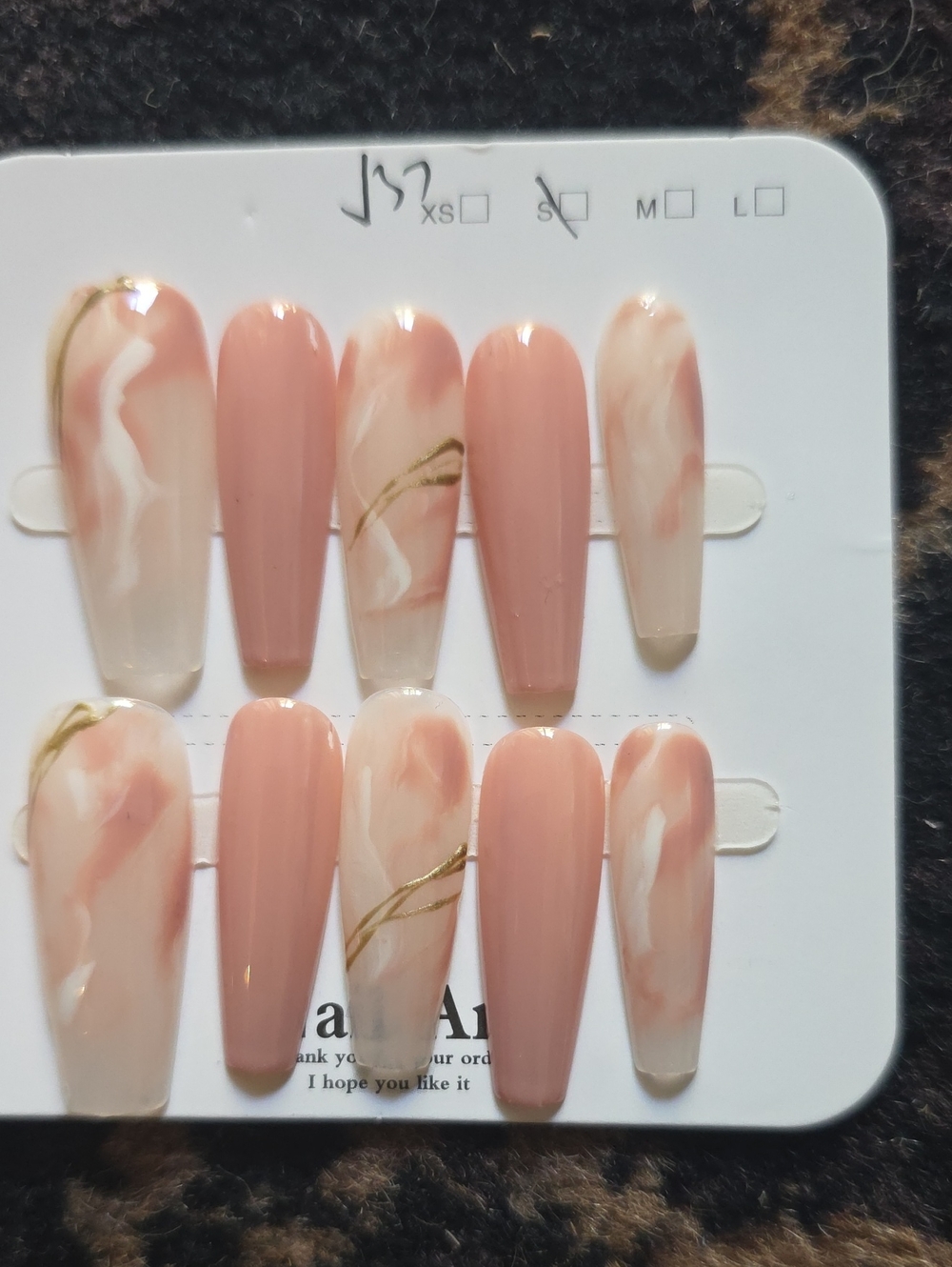 Nude Pink Marble Press-On Nail Set with Gold Accent Size Small